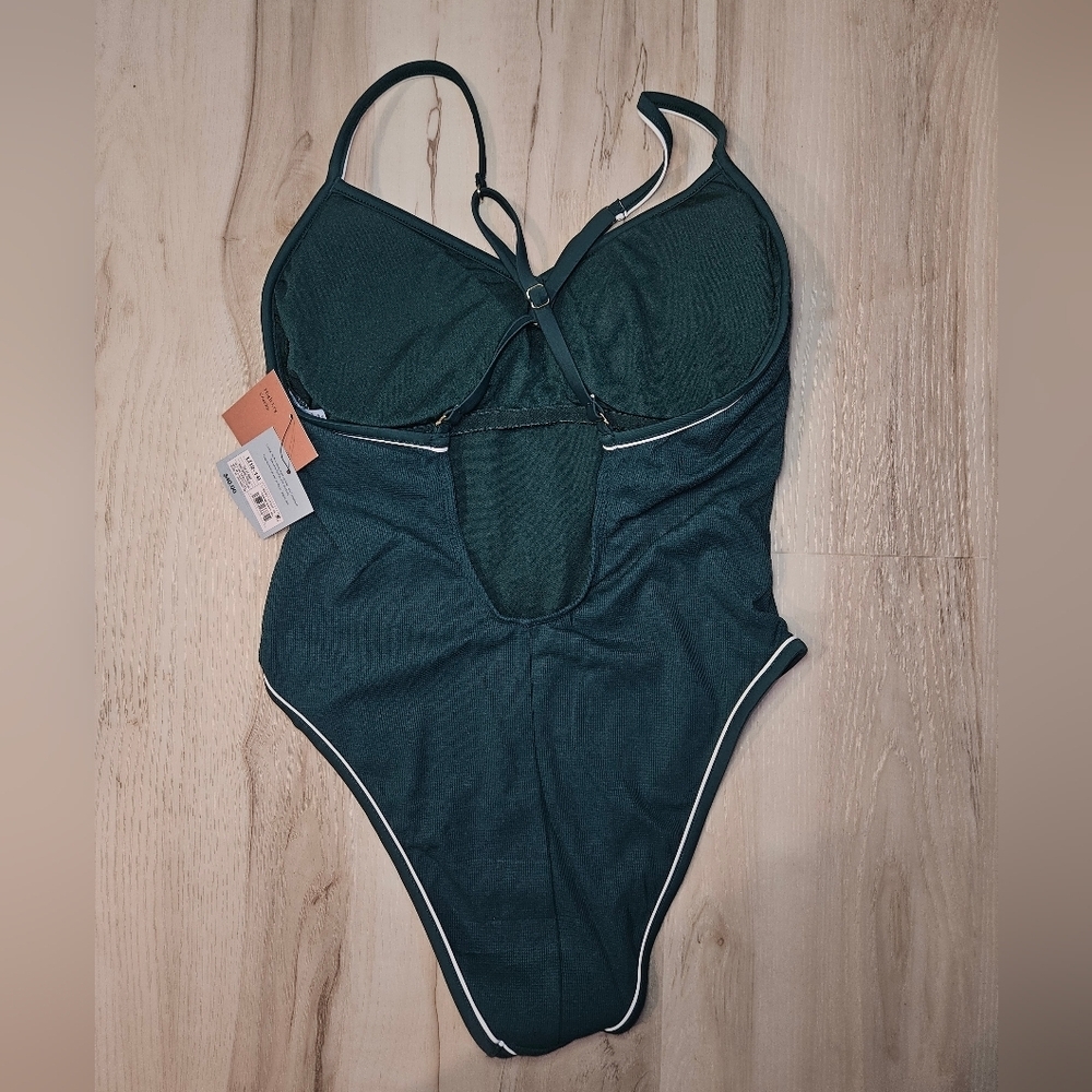 Shade & Shore NWT Green High Leg One Piece Swimsuit Women's Large Cheeky V Neck - Picture 3 of 11
